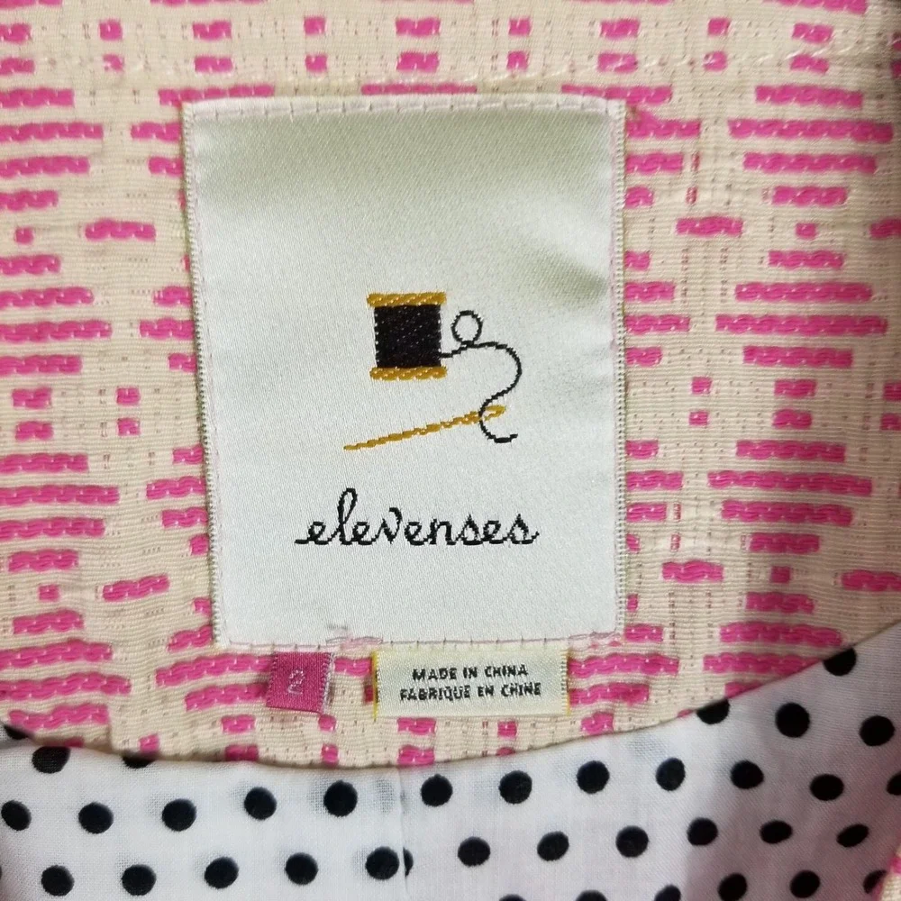 Anthropologie Elevenses Peplum Jacket Women 2 Pink Black Polka Dot Short Sleeve
